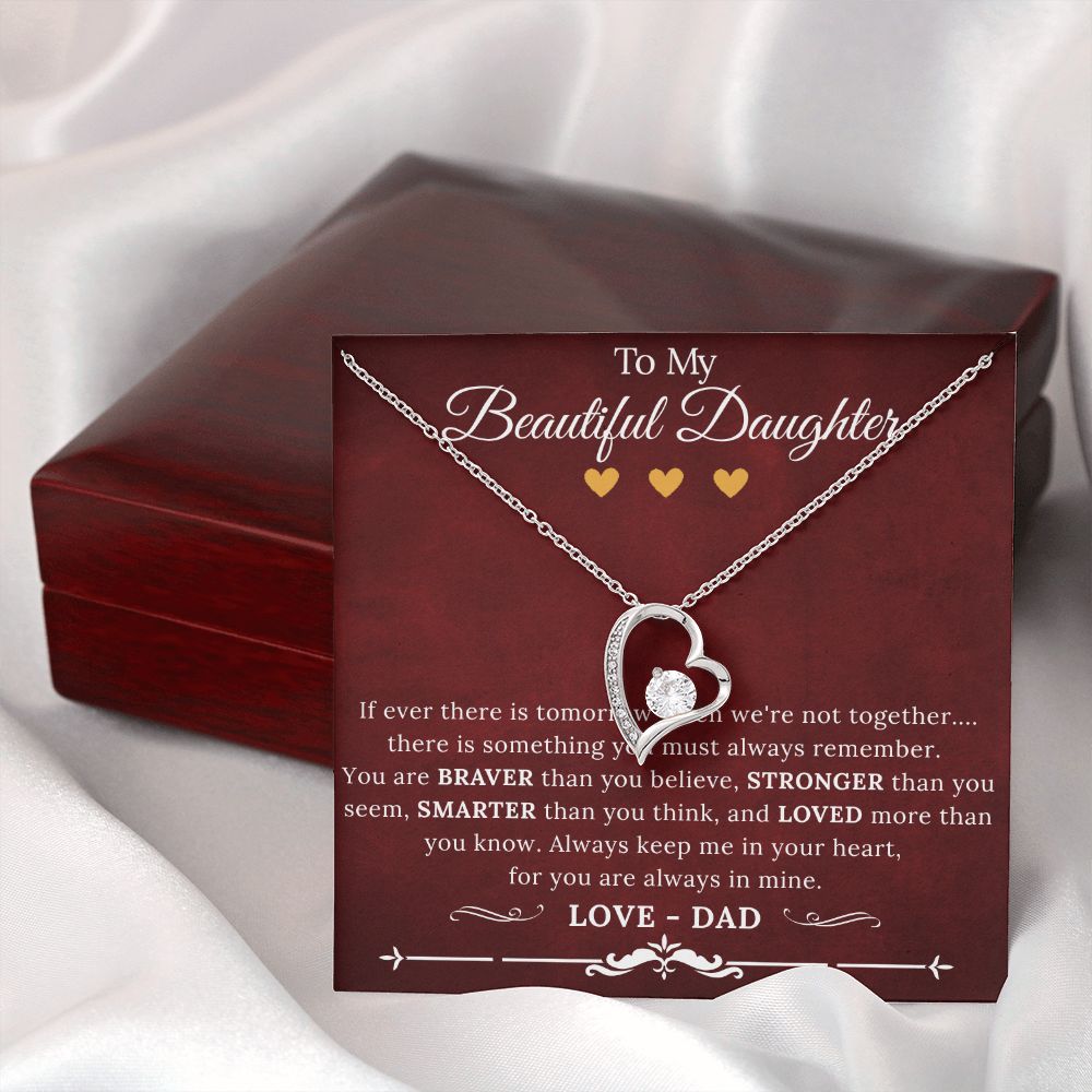 To My Beautiful Daughter from Dad - Forever Love Heart Pendant 14K White Gold Necklace Glowing Red Enclosure - ZILORRA