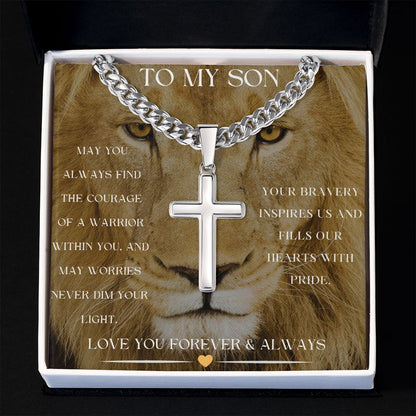 To My Son Cuban Link Chain with Artisan Cross Pendant - Bravery Inspiration Message card with Gift Box - ZILORRA