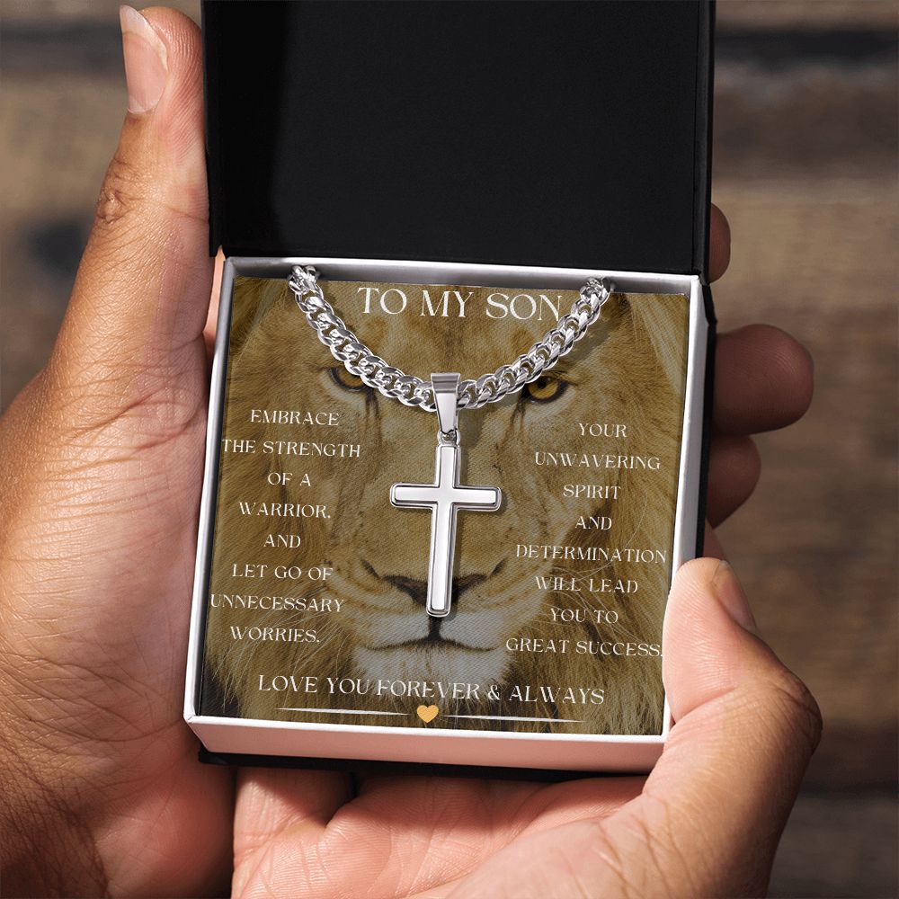 To My Son Cuban Link Chain with Artisan Cross Pendant - Embrace The Strength Of a Warrior Message card with Gift Box - ZILORRA